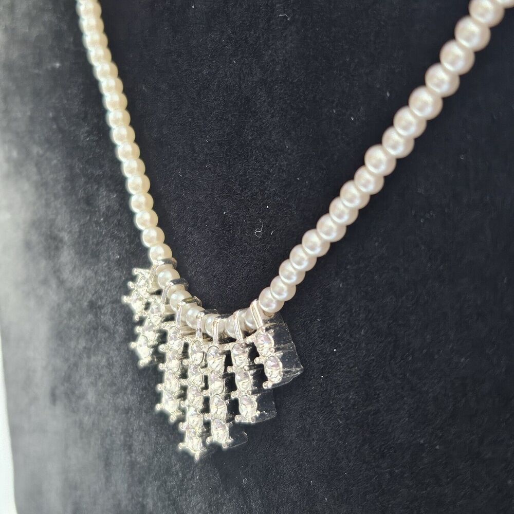 Napier Silver Tone Faux Pearl And Rhinestone Necklace 16-18" - Picture 6 of 14
